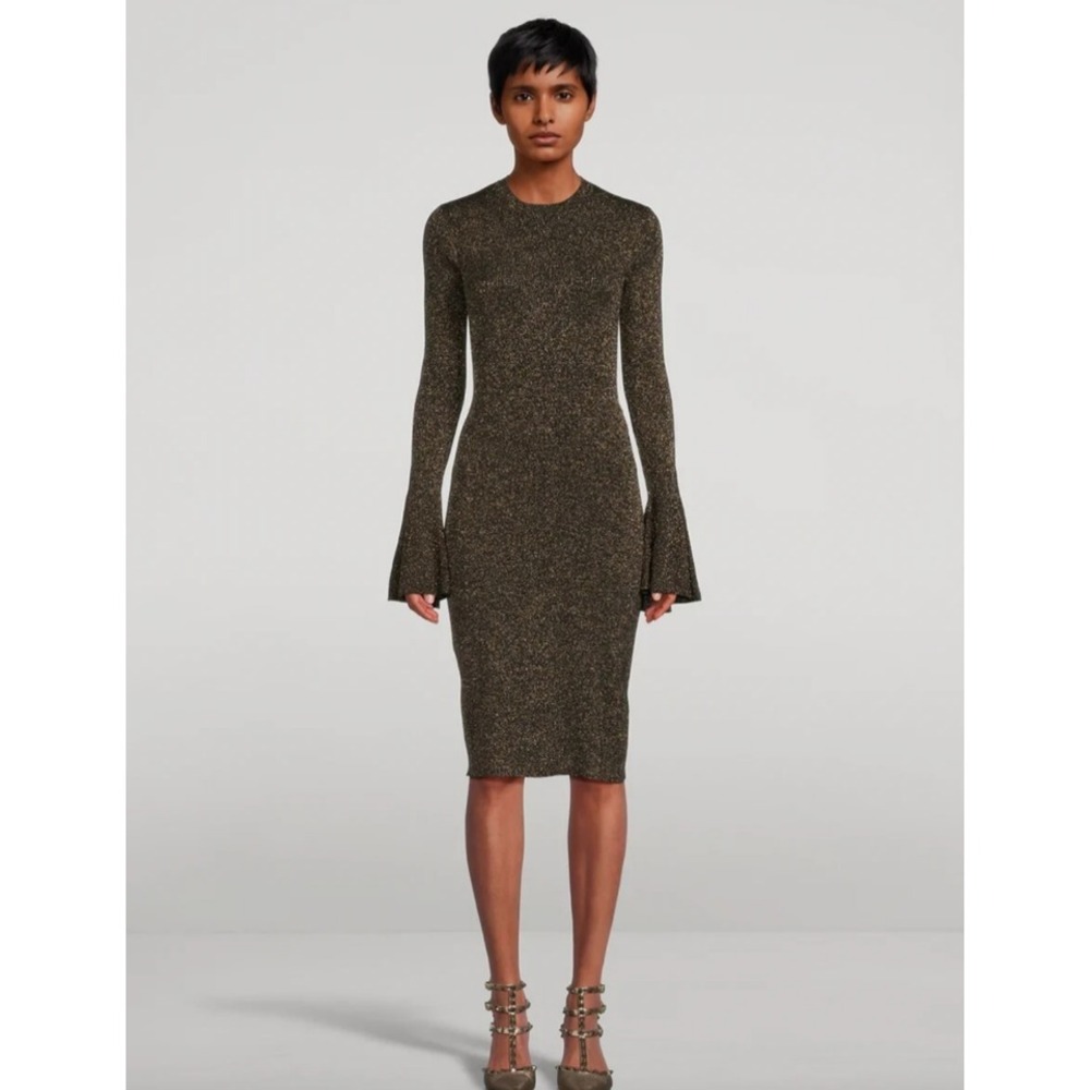 FRAME Godet Lurex Bodycon Knee Length Dress Black Metallic Gold Bell Sleeve, S/P